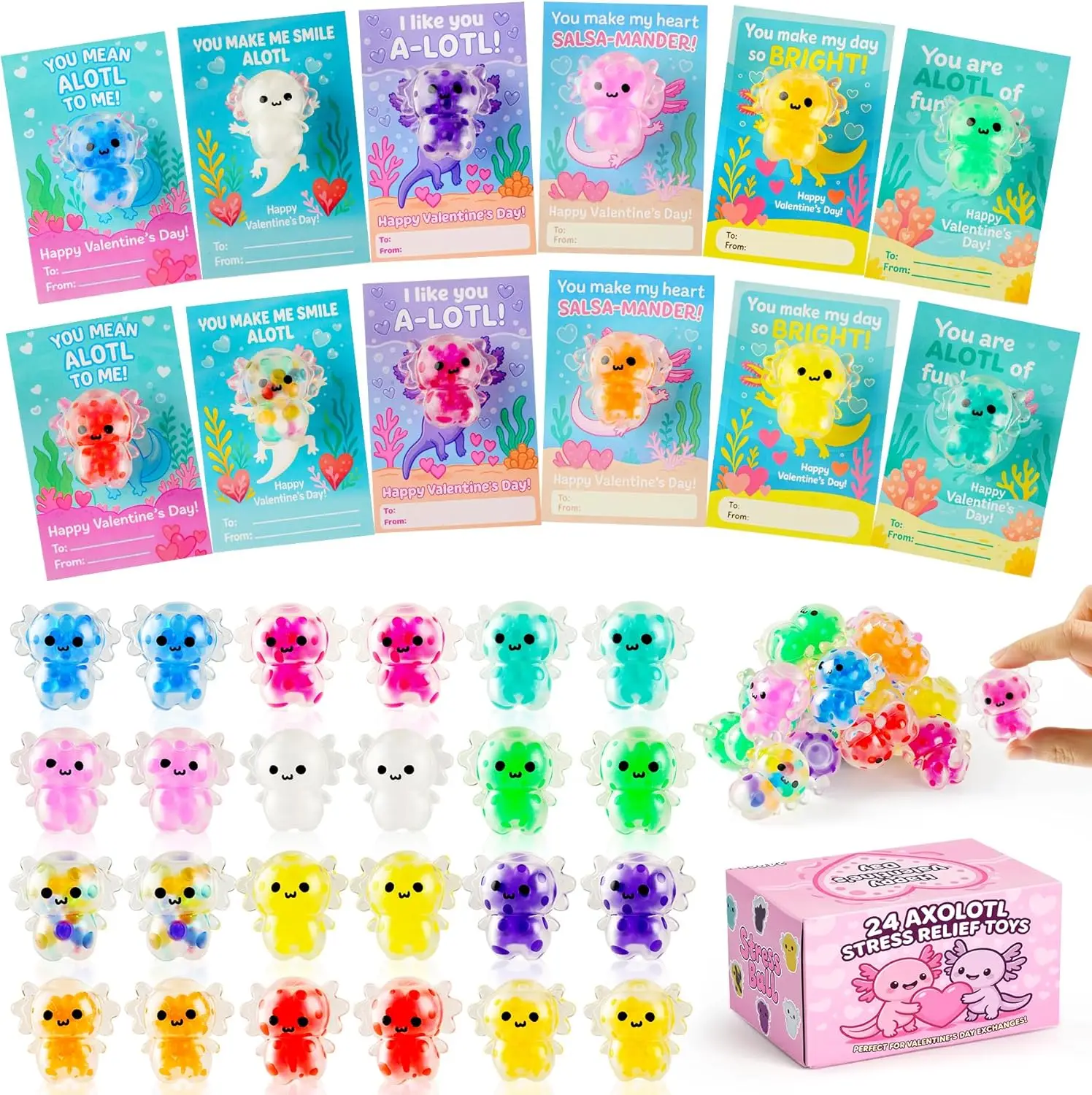 

24 шт. антистресс-мячиков в виде аксалотлей ко Дню святого Валентина, мягкие игрушки-антистресс для обмена в классе и подарков на вечеринках