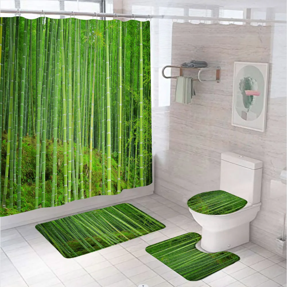 

3D Bamboo Shower Curtain Set Green Forest Exotic Fresh Jungle Natural Scenery Bath Screen With Bathroom Mat Rug Lid Toilet Cover