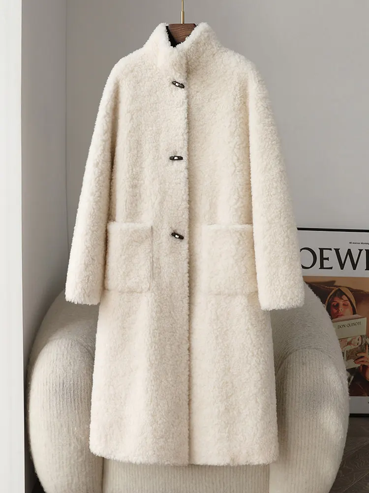 100 real wool fur stand-up collar sheep shearing long coat 2025 new lamb wool coat women's fur integrated