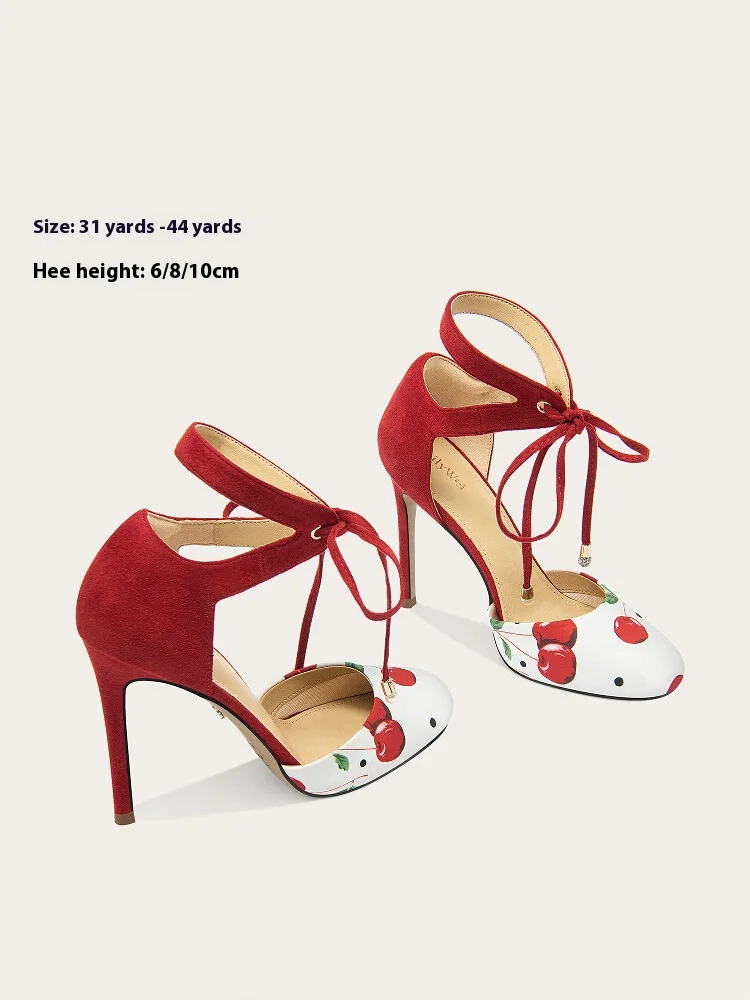 

Spring and summer round toe suede lace-up low-heeled shoes thin high-heeled banquet dress large size small size women's sandals