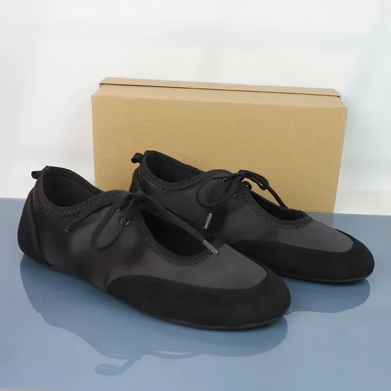 Black Lace-Up Women\'s Ballet Flats Comfortable Soft Satin Fabric Round Toe Ladies Autumn Shoes Brand Leisure Female Footwear