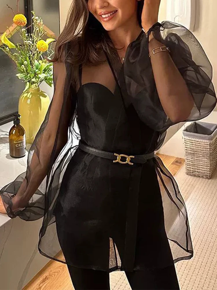 Women Casual Puff Sleeves Temperament Shirt Summer Sexy Perspective Lace-Up Waist Tops 2026 Spring Elegant V-neck Commute Blouse