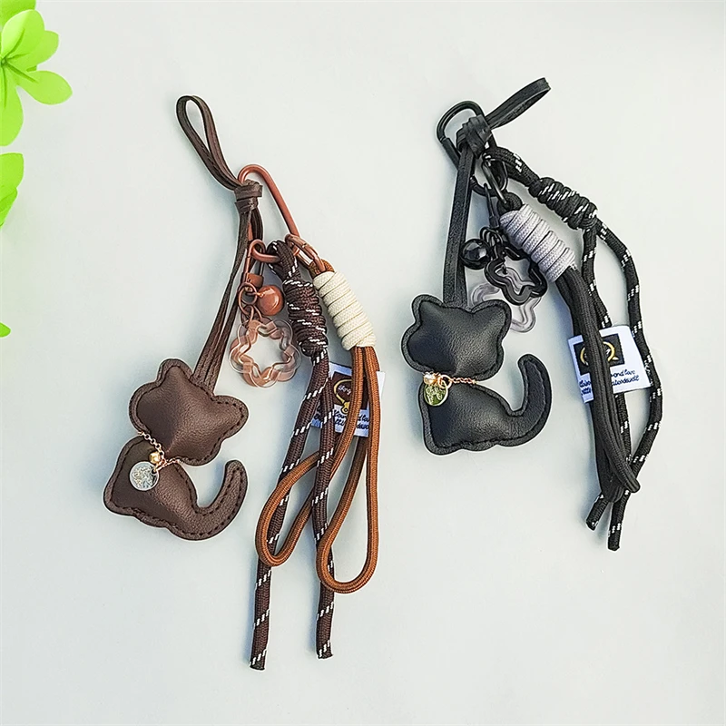 Light Luxury String Leather Cat Pendant Five-Pointed Star Cartoon Cat Bead Rope Keychain Creative Cute Bag Hanging Charms Couple