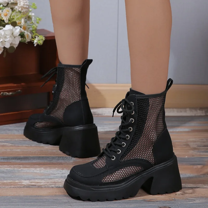 2024Summer New Fashion Thick High Heels Platform Cross-tied Sewing Cut Out Mesh Genuine Leather Women Ankle Short Modern Boots