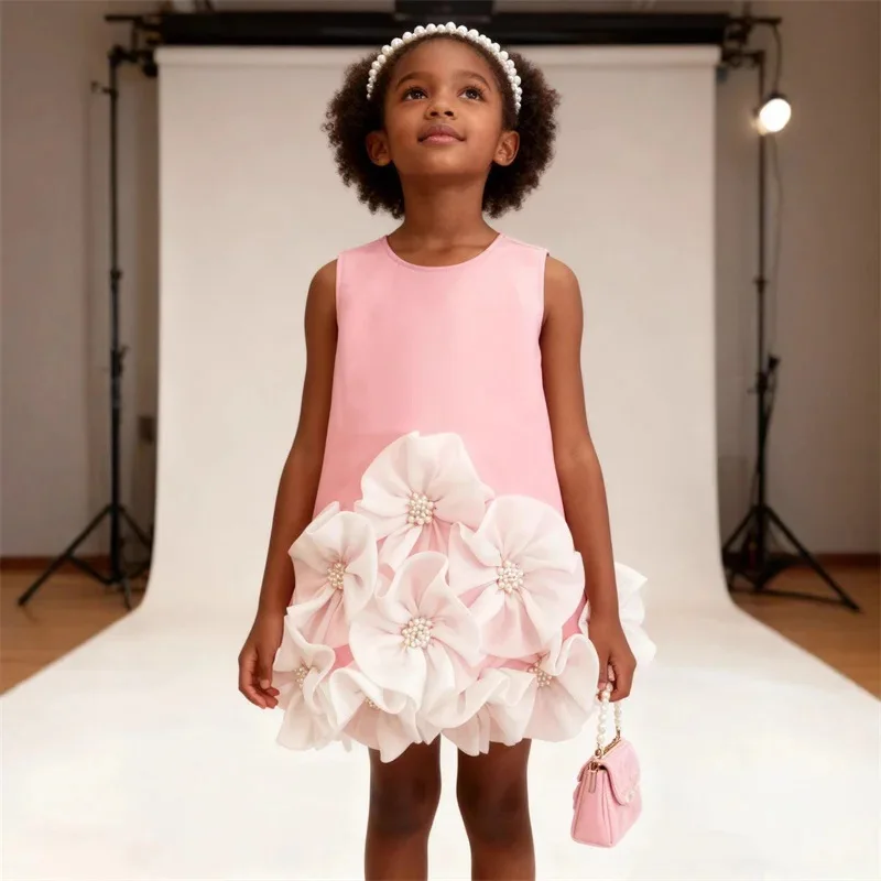 2026 Girls Sleeveless Floral New Children Summer Princess Gown Kids Performance Host Birthday Dress Cute Fashion Elegant Clothes