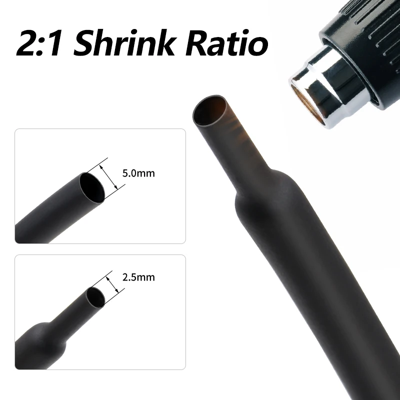 Black Heat Shrink Tubing 0.6mm - 210mm for Wire Cable Connector Protective DIY Electronics Repair 2:1 Shrink Insulation Sleeving