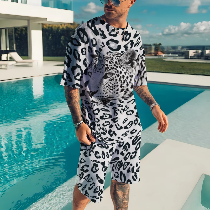 Summer Street Men's Two-piece Sportswear Fierce Tiger 3D Printed T-shirt Shorts Suit Casual T-shirt Top Shorts Clothing 2023