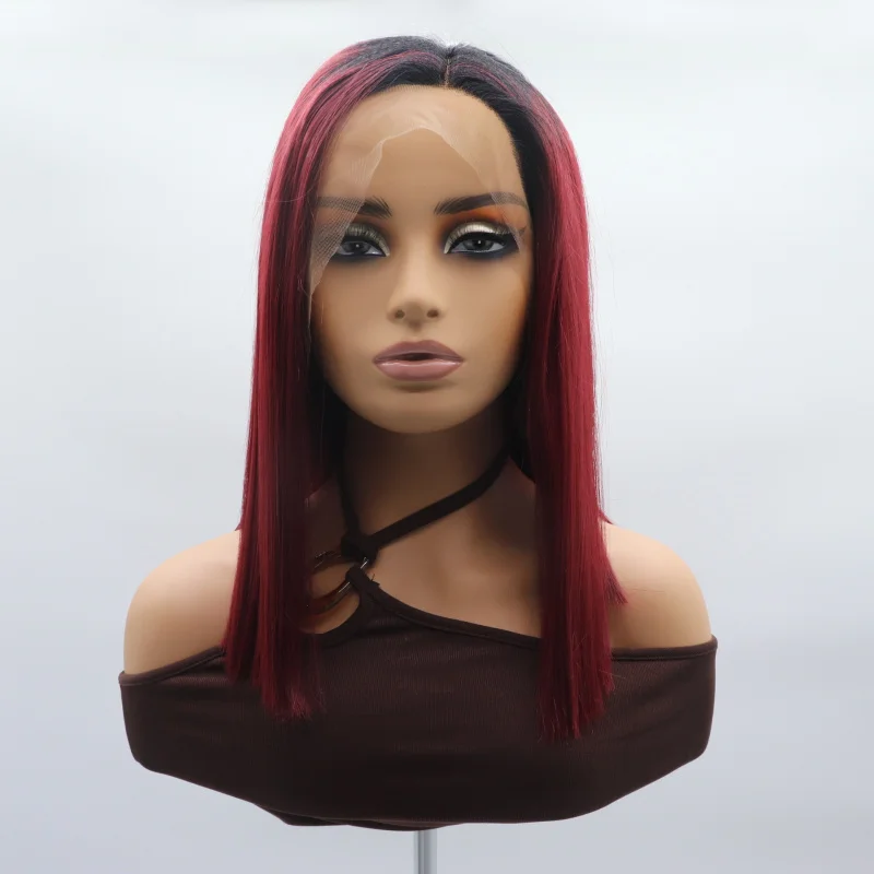 

Hand-crafted lace front for women, gradient burgundy, shoulder-length short straight hair, full synthetic fiber wig