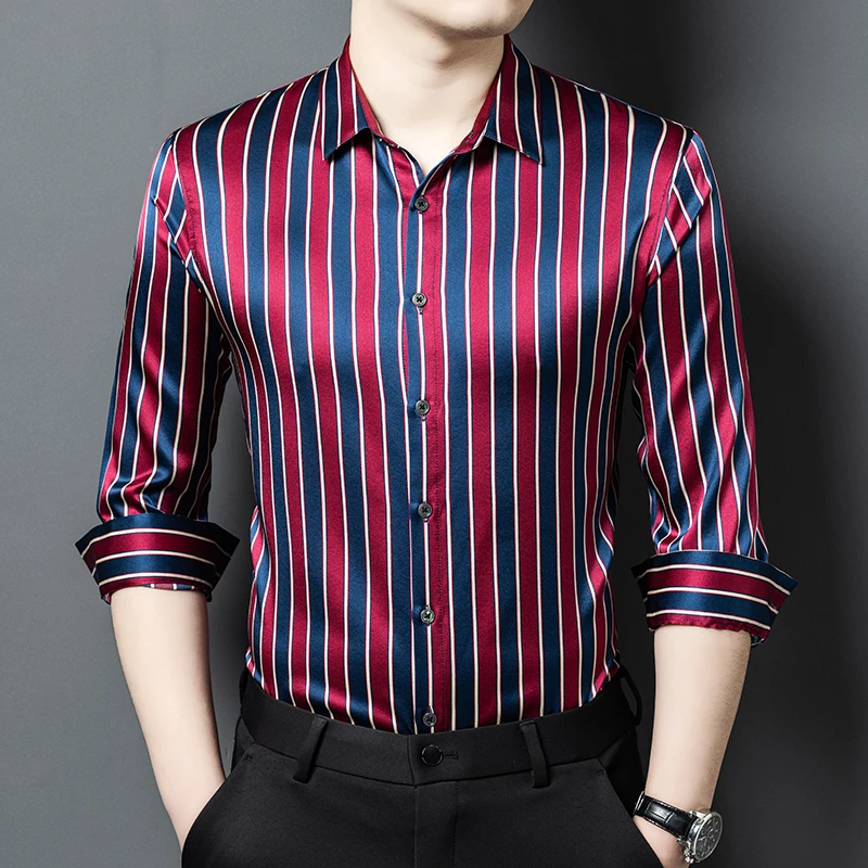 Luxurious Striped Shirts For Men Long Sleeve Silk Blends Coolness Summer Quality Breathable Lightweight Casual Camisas De Hombre