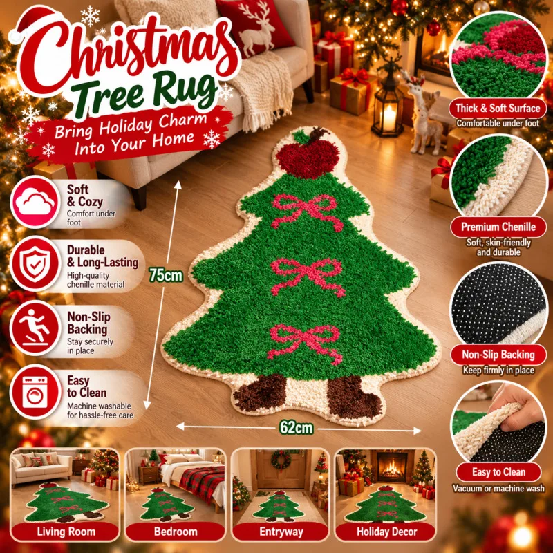 Christmas Tree Rug Mat 75x62cm Green Anti Slip Fluffy Carpet Living Room Bedroom, Bathroom Door Xmas Home Decor, Floor Pad Gift