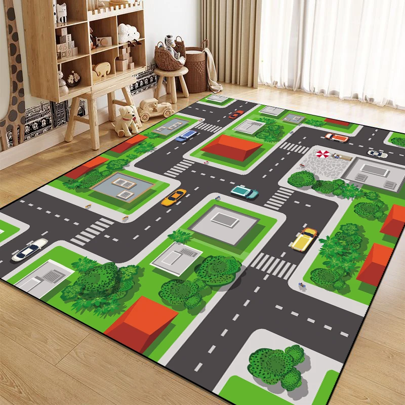Cartoon City Traffic Carpet Children\'s Play Mat Fluffy Soft Large Area Rug Non-slip City Roadmap Traffic Signs Kids Educational