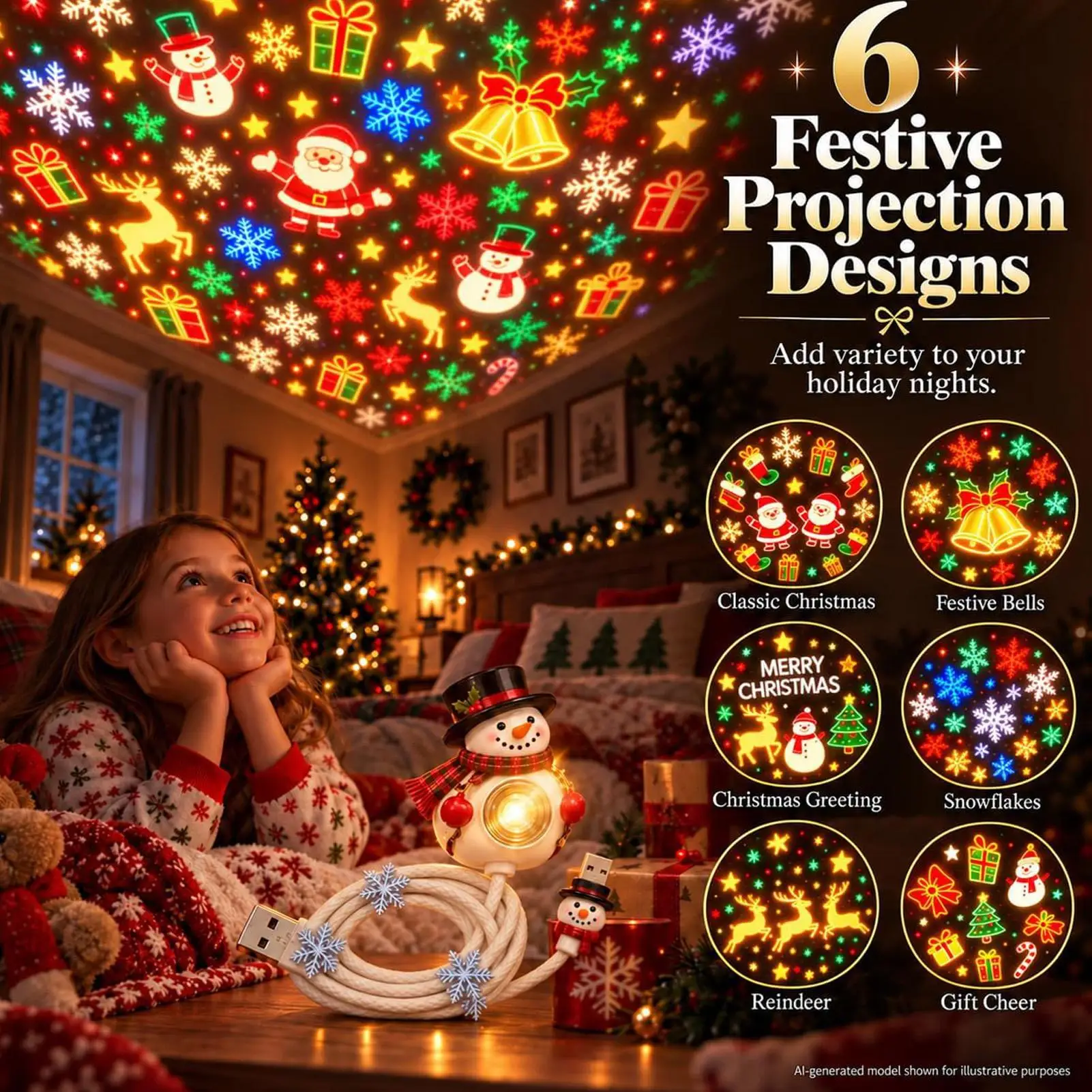 Christmas LED Projector Light USB Holiday Display Projection Lamp Christmas Projector with 6 Seasonal Scenes for Home Apartment