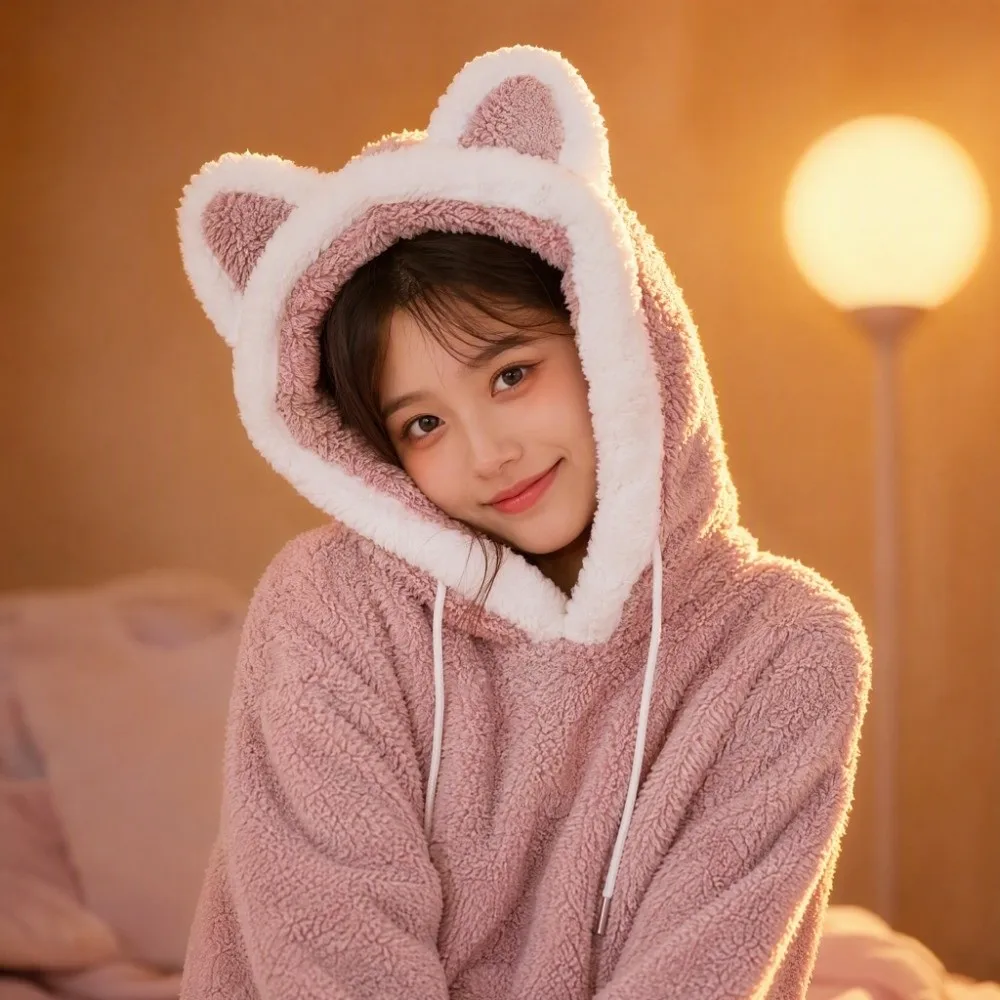 Streetwear Long Sleeve Cat Bear Ear Hoodies Solid Color Outwear Plush Hoodies Fuzzy Pullover Clothes Fleece Sweatshirt Women