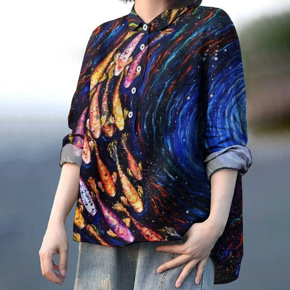 

Vast star Sardine fish printed casual lapel women's shirt High quality new fashion dress long sleeve shirt