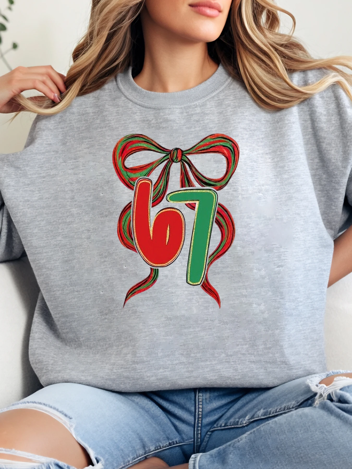 

Праздничный свитшот с рождественским бантом 67, женский повседневный зимний наряд, серый, больших размеров