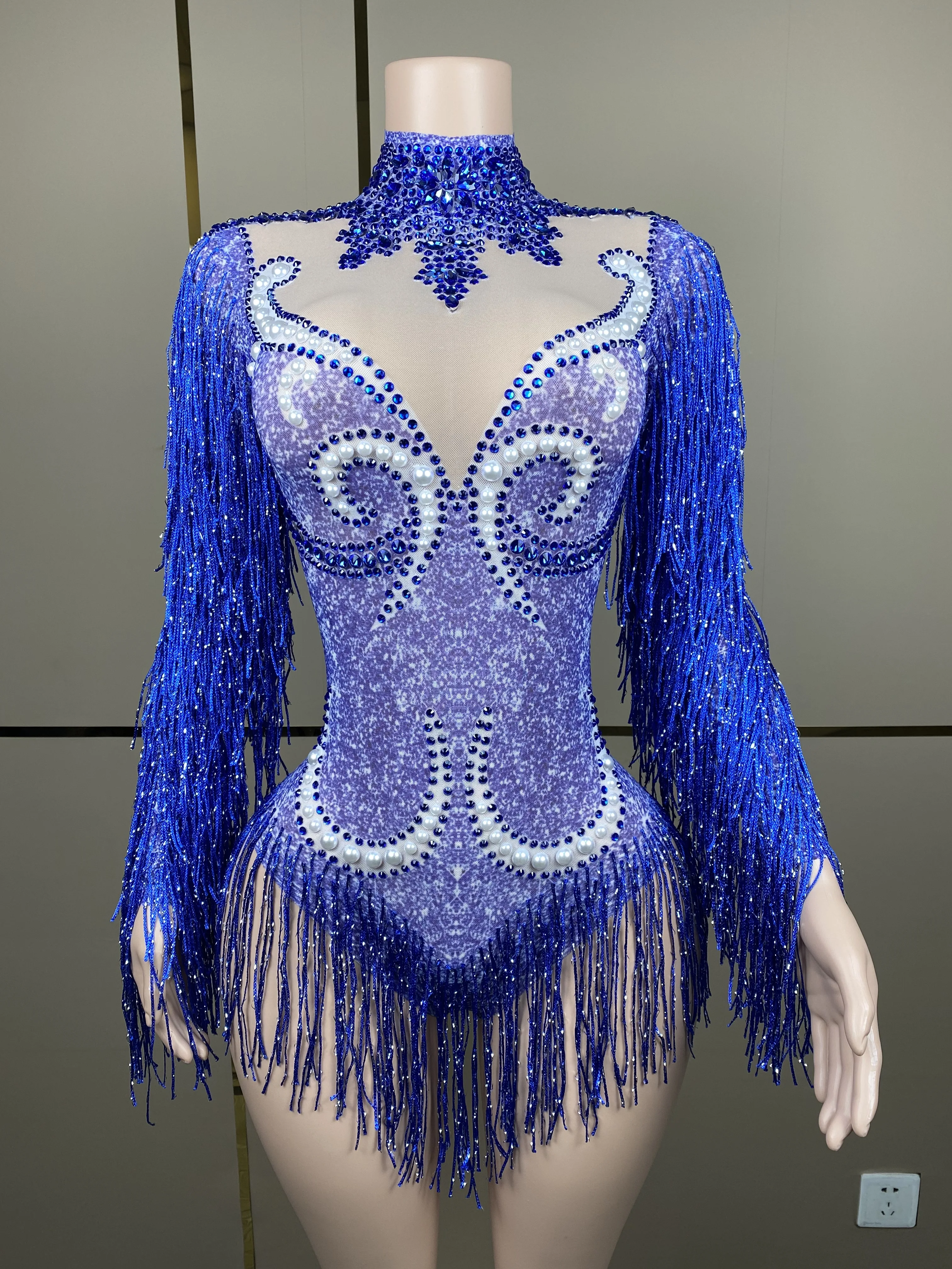 

New Blue Crystal Diamond Tassel Jumpsuit Fashion Women Shining Diamond One Piece Bodysuits Lady Dance Stage Performance Costumes