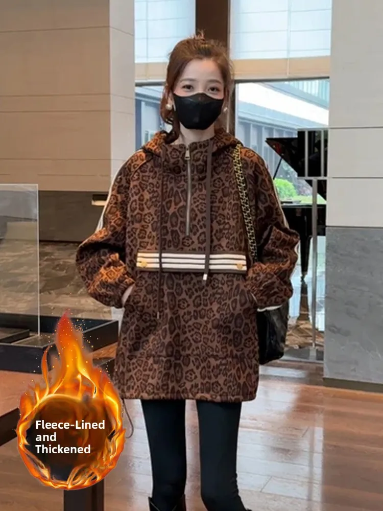 

2024 Winter New plus Size Women's Fleece Lined Thickened Hoodie Leopard Print Casual Top Trendy Design Zipper Style Long Sleeve