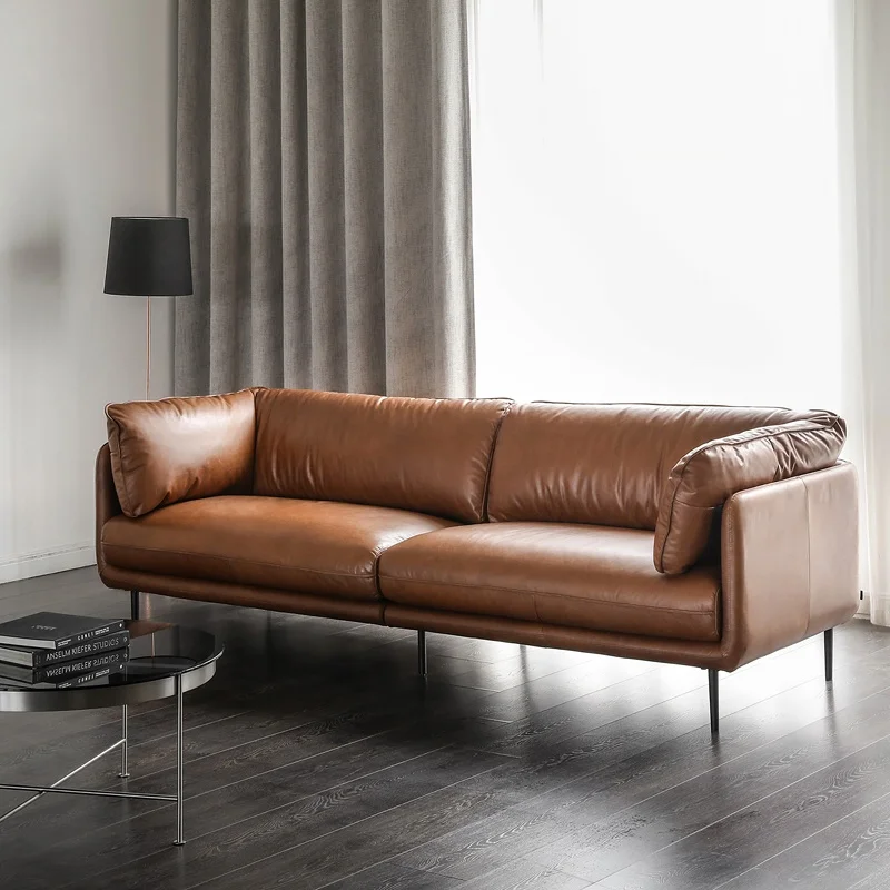 ！@Nordic Style Import First Layer Cowhide Retro Medieval Caramel HUG Full Leather Sofa Four-Seater Set for Villas Genuine Leathe