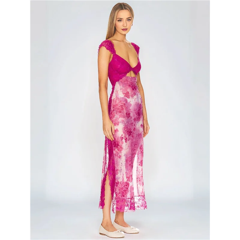 ASDS-Donna Abito lungo in rete patchwork di pizzo Stampa floreale Ritaglio Collo a cuore Spacco senza schienale Abiti lunghi estivi Y2K