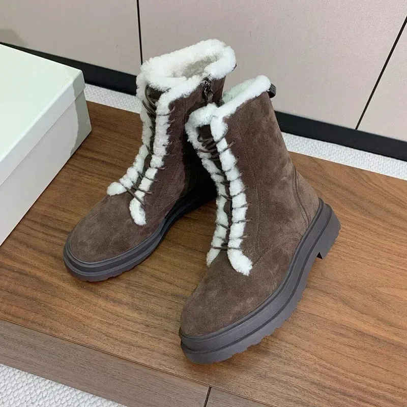

Snow Boots Women Thick Bottom Suede Round Toe String Bead Decor Real Wool Lining Winter Ankle Boots Women Short Boots New