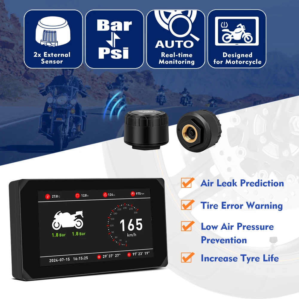 VSYS Carplay Android Auto Motorcycle DVR GPS Navigation 5.0'' Touch Screen with Front Rear 1080 P s TPMS Parking Mode Wi Fi