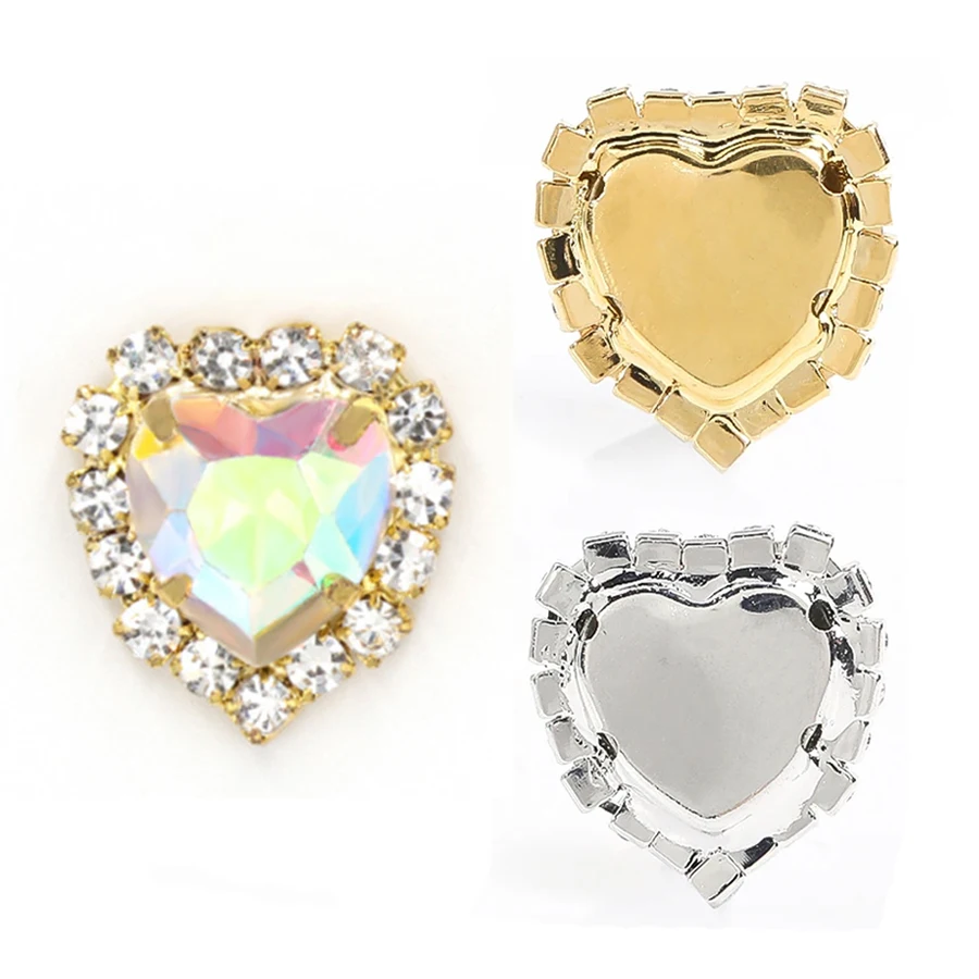 10PCS Heart Shaped Flatback Rhinestones Button Crystals Glass Jewelry Making Sewing On With Silver Bottom Stones For Clothes Diy