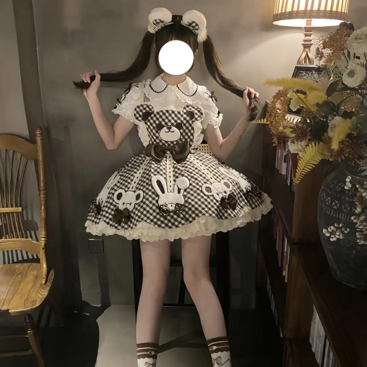 MAGOGO Japanese Sweet Lolita Set Women Kawaii Bow Cartoon Bear Rabbit Plaid Dress Girls Harajuku Princess Mini Dresses Outfits