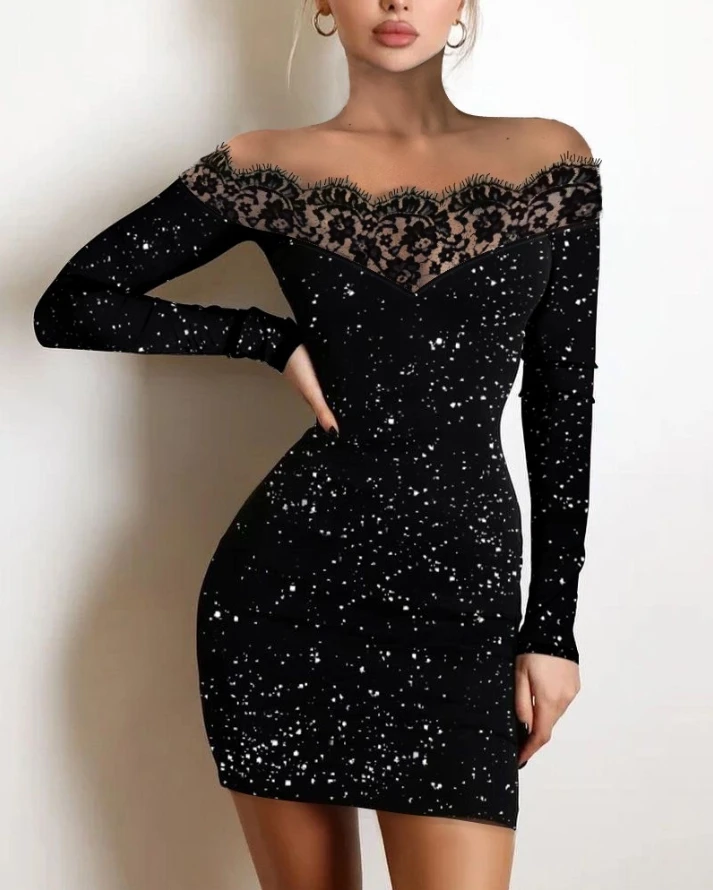 

Fashion Off Shoulder Contrast Lace Glitter Sexy Party Bodycon Dress for Women 2024 Summer Women's Clothes Elegant Retro Dresses