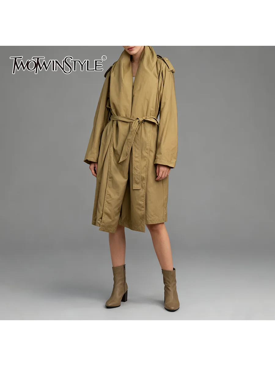 

TWOTWINSTYLE Solid Loose Spliced Lace Minimalist Trenchs for Women Lapel Long Sleeves Tunic Versatile Trench Female Fashion New