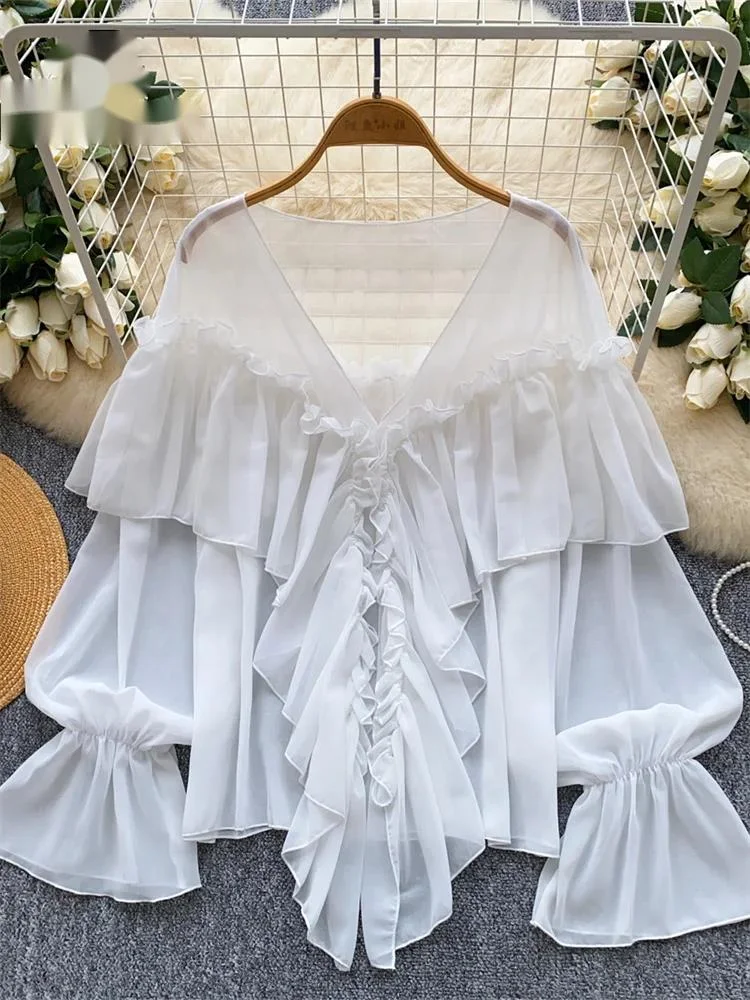 

Шикарная шифоновая блузка с оборками и v-образным вырезом, расклешенные рукава, свободные топы, модная однотонная женская рубашка Fairycore для отпуска