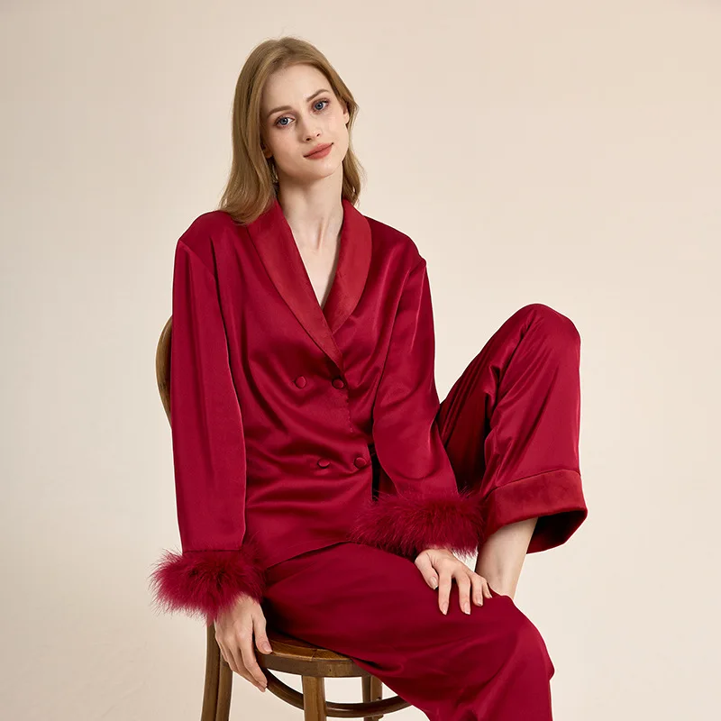 Luxury Feather Bride Wedding 2PCS Pajamas Set Autumn Winter Velvet Thicken Sleepwear Trouser Suits Loose Women Homewear Pyjama