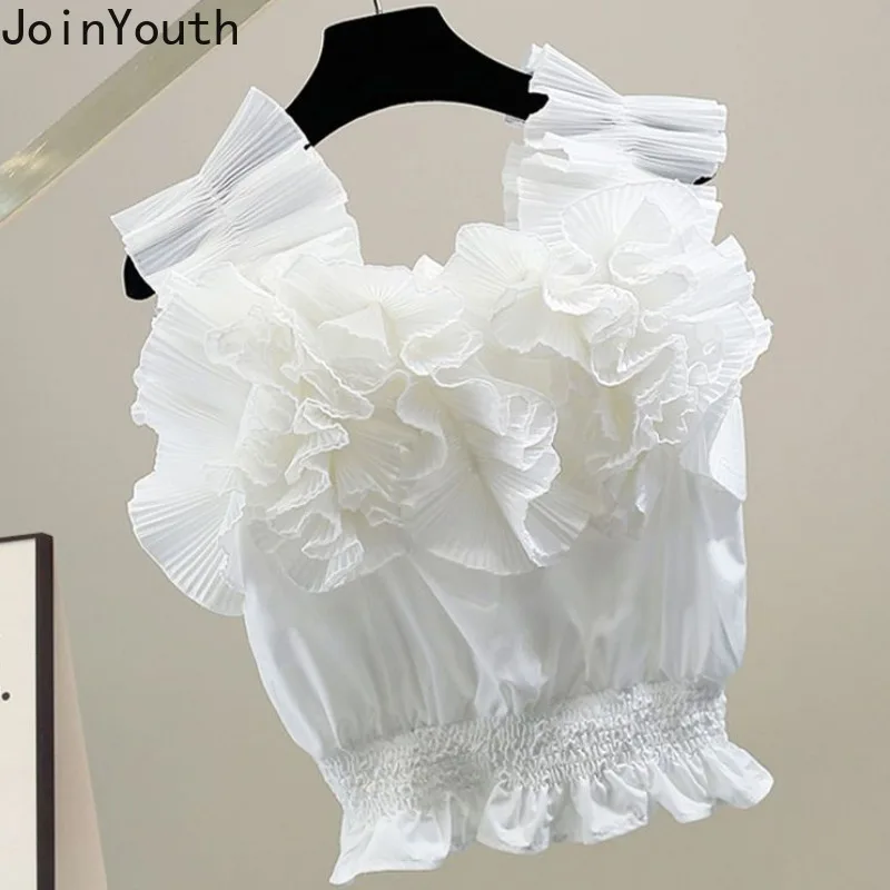 Sweet Crop Tops Summer Blouse for Women 2024 Blusas Mujer De Moda Sleeveless Shirt Square Collar Folds Ruffles Korean Blouses