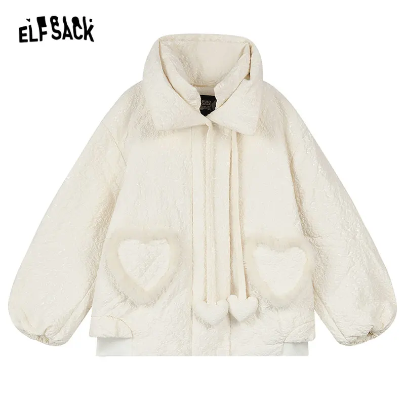 ELFSACK White Heart Pocket Warm Down Coats Women 2023 Winter Loose Mid-length Casual Outwears