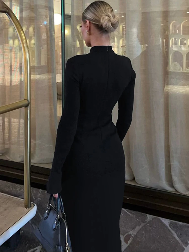 Trendix Slim Elegant Evening Dress Femme Autumn Fashion Pocket Patchwork Long Sleeve Slit Maxi Dresses Women Party Vintage Dress