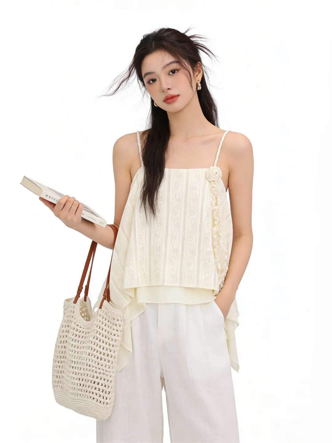 

Summer 2026 Pure Desire 3D Flower Lace Backless Splice Design Women's Tank Top Breathable Short Length Casual Wear