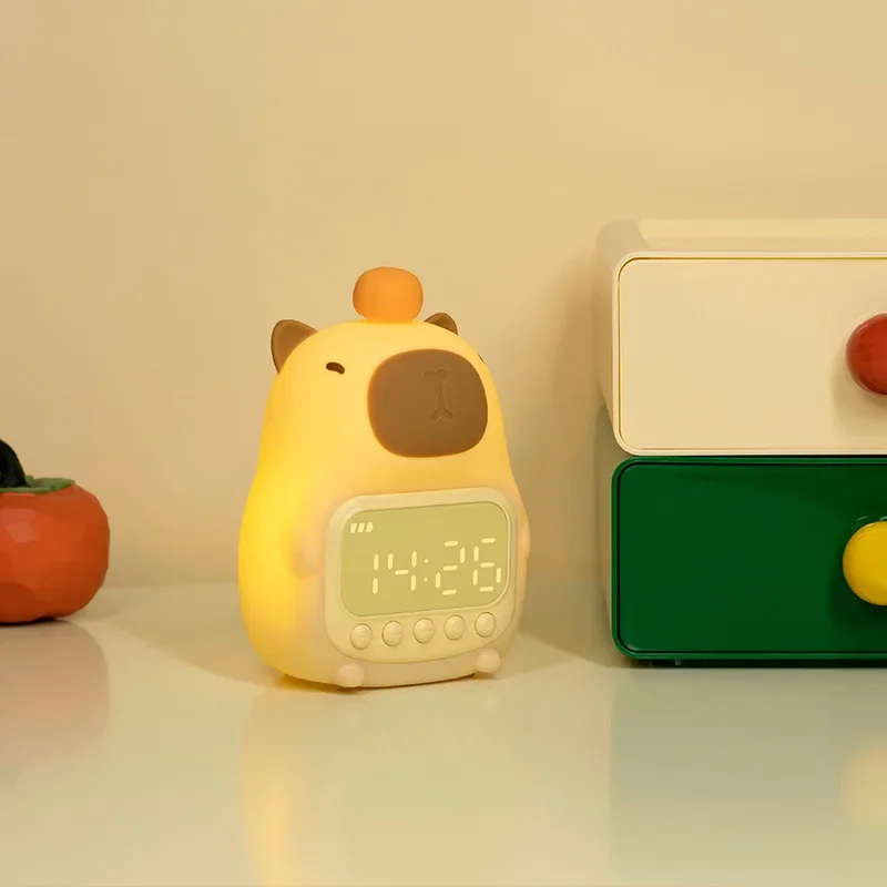 + Capybara Luce notturna a LED Sveglia digitale ricaricabile in silicone Lampada da tavolo dimmerabile Temporizzazione Carica USB Regalo di compleanno per bambini