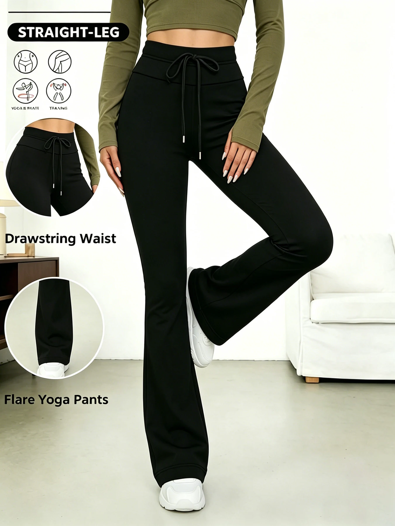 

High Waist Naked Feel Drawstring Flare Pants, Sexy Curvy Yoga Leggings, Soft Comfortable Multi-wear for Sports Casual