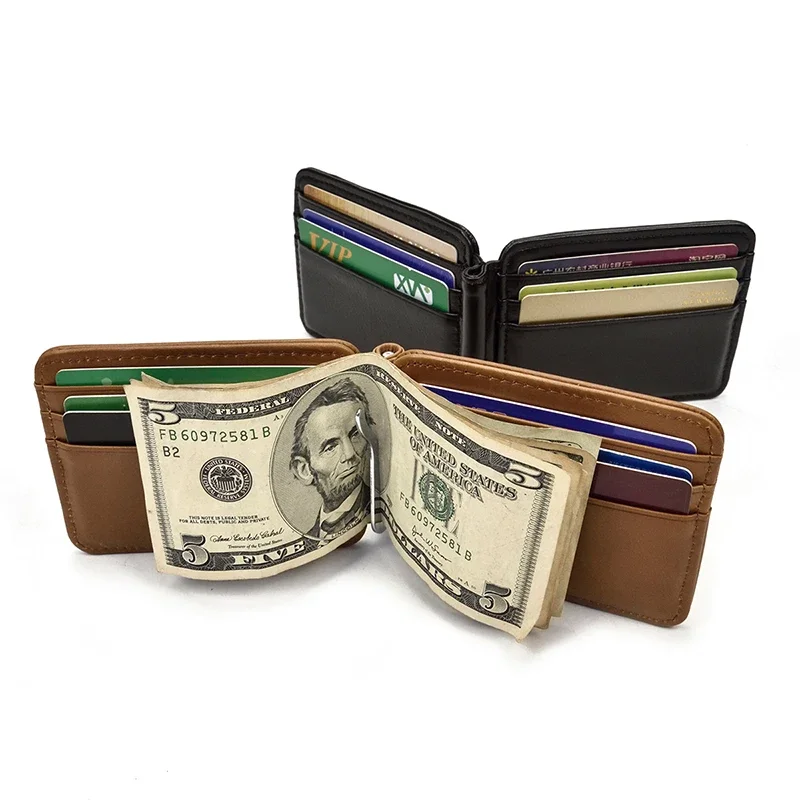 Clip Purse Small Men\'s Leather Money Clip Wallet With Coin Pocket Card Slot Cash Holder Male Bag Magnet Hasp Purse For Man Women
