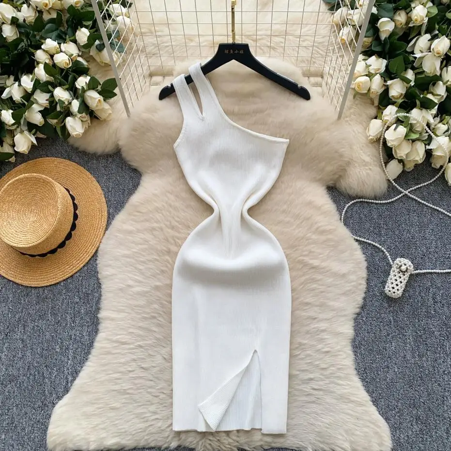 Women sexy slim summer chic one-shoulder knitted bodycon short dress casual sheath cut-out night club split streetwear dress