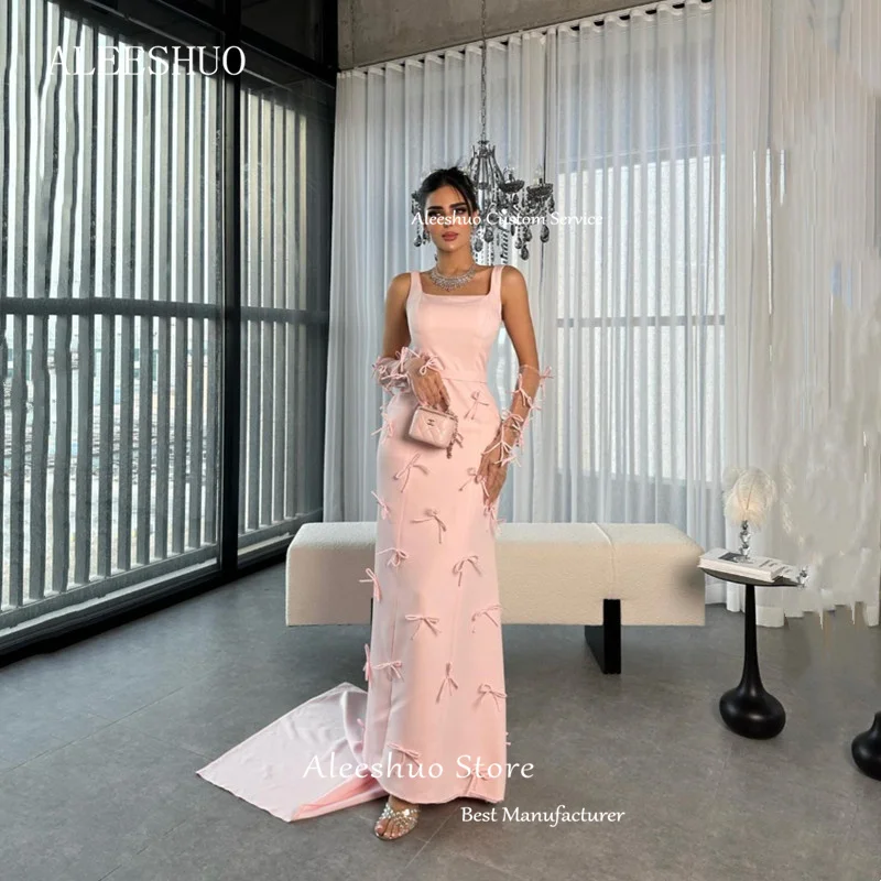 Aleeshuo Elegant Pink Satin Square Collor Prom Dress Pleat Cute Bow Spaghetti Straps Sexy Backless Long Train Gowns Customized