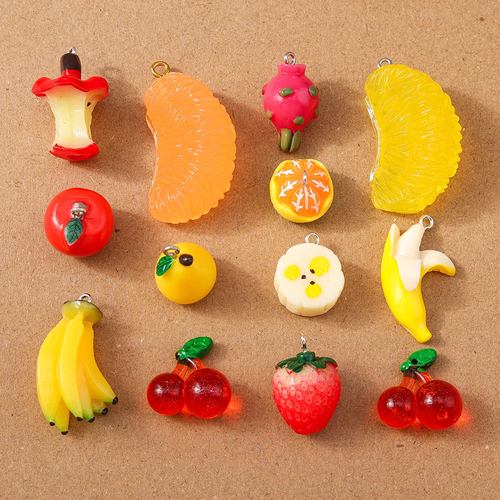 10 Stück zufällige Mischung Harz 3D Obst Charms Apfel Banane Orange Kirsche Anhänger für Schmuckherstellung Ohrringe Halskette DIY Zubehör – Detail 1