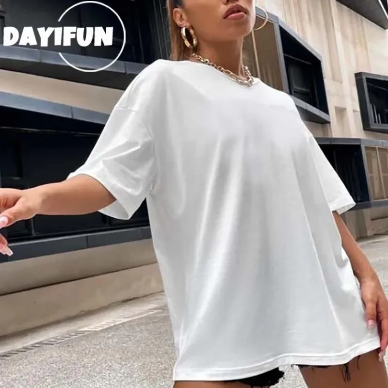 DAYIFUN t-shirt ukuran Plus wanita, Kaus katun lengan pendek leher O ukuran besar L-5XL musim panas