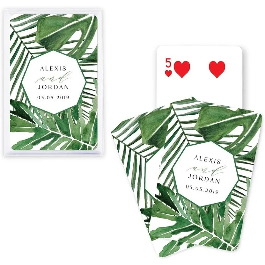 

Unique Custom Playing Card Wedding Favors with Tropical Leaf Design for Special Events and Celebrations Personalized Pack of 15