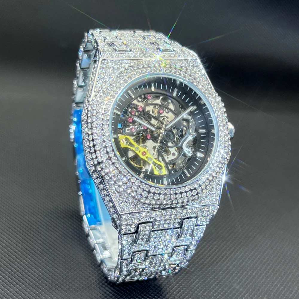 MISSFOX Men Auto Mechanical Watches Full Diamond Skeleton Dial Luxury Iced Out Alloy Steel Luminous Wristwatch Male Party Gift