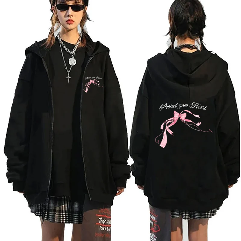 Cartoon Cute Bow Print Hoodie Fairy Grunge Graphic Women Zip up Sweatshirt Vintage Harajuku Y2k Aesthetic Girl Coat Tops Gothic