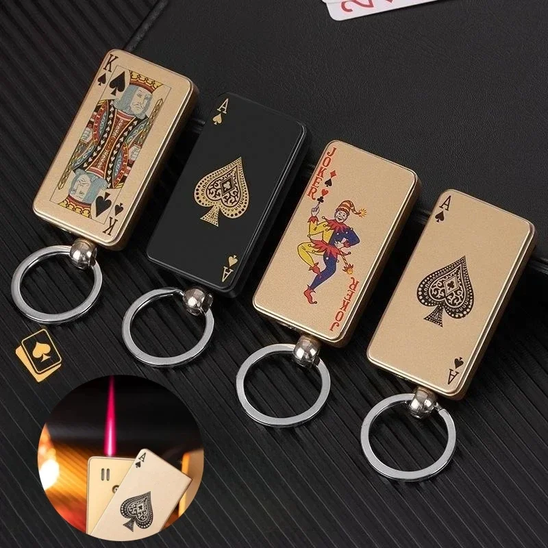 New Metal Jet Red Flame Playing Card Unusual Torch Turbine Butane Gas Lighter Creative Windproof Outdoor Lighter Cool Men's Gift