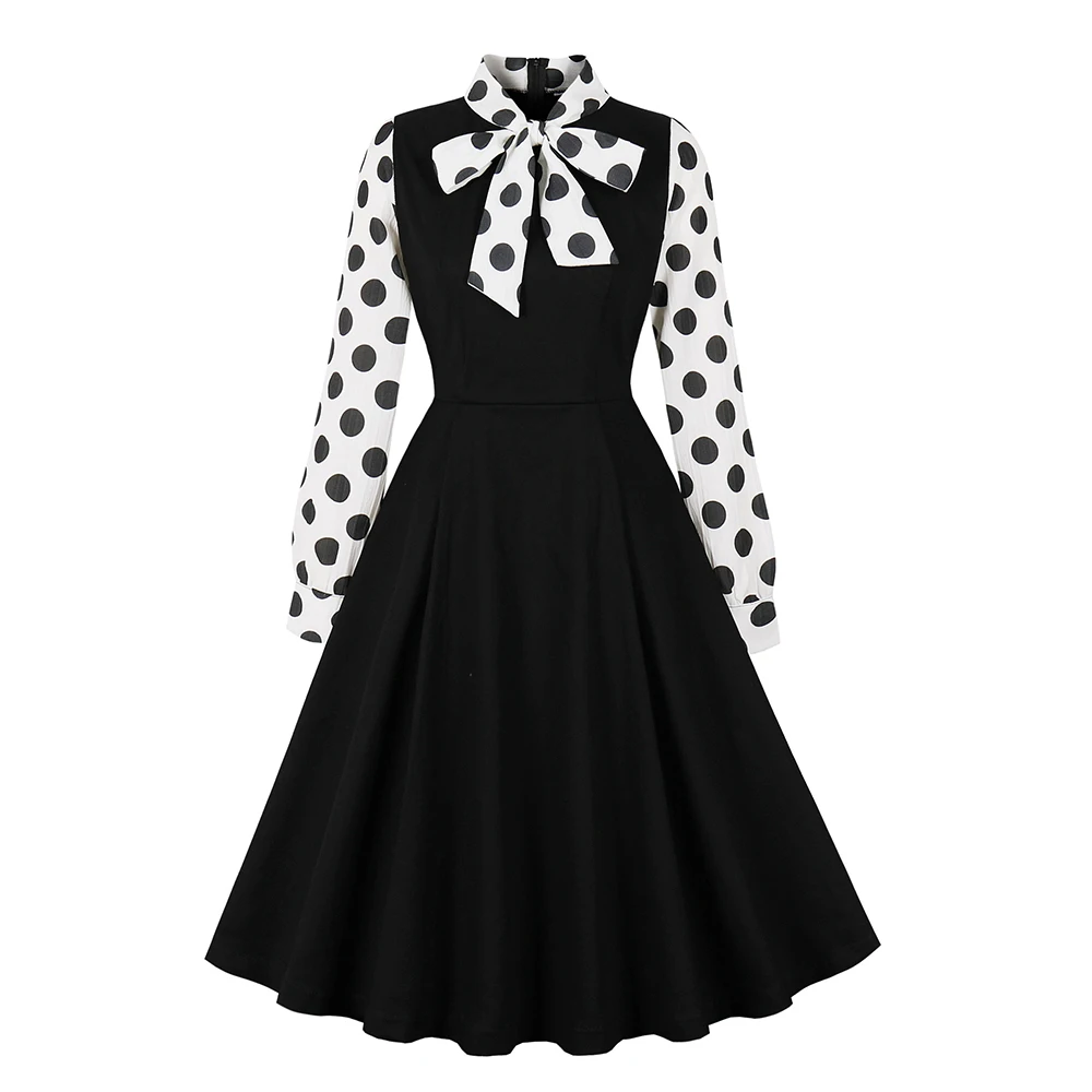 

2024 Polka Dot Long Sleeve Vintage Dresses for Women Summer Bow Tie Neck 50s Elegant A-Line Black Cotton Dress VD4417