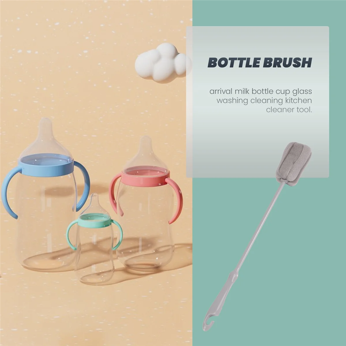 Durable 1Pc Sponge Brush Milk Bottle Cup Glass Washing Cleaning Kitchen Cleaner Tools Cup Cleaning Brush Plastic Long Handle