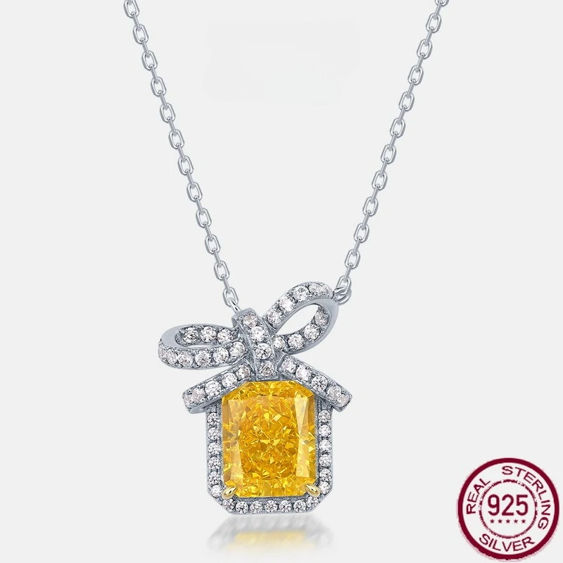 

New S925 sterling silver goose yellow ice flower cut high carbon diamond necklace, fashionable and versatile wedding jewelry