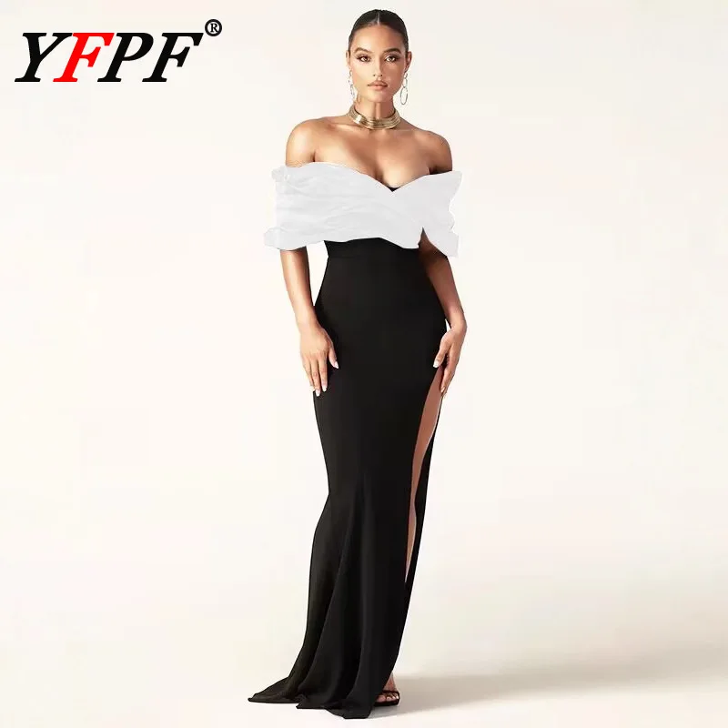 

YFPF элегантное длинное платье в стиле пэчворк со складками, женское облегающее вечернее платье контрастного цвета с открытой спиной и высокой талией, новинка 2026 года